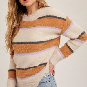 HEM & THREAD Cozy Fuzzy Striped Crewneck Sweater, Cream Tan Lavender Grey